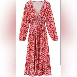 Red and White Floral Long Sleeve Dress